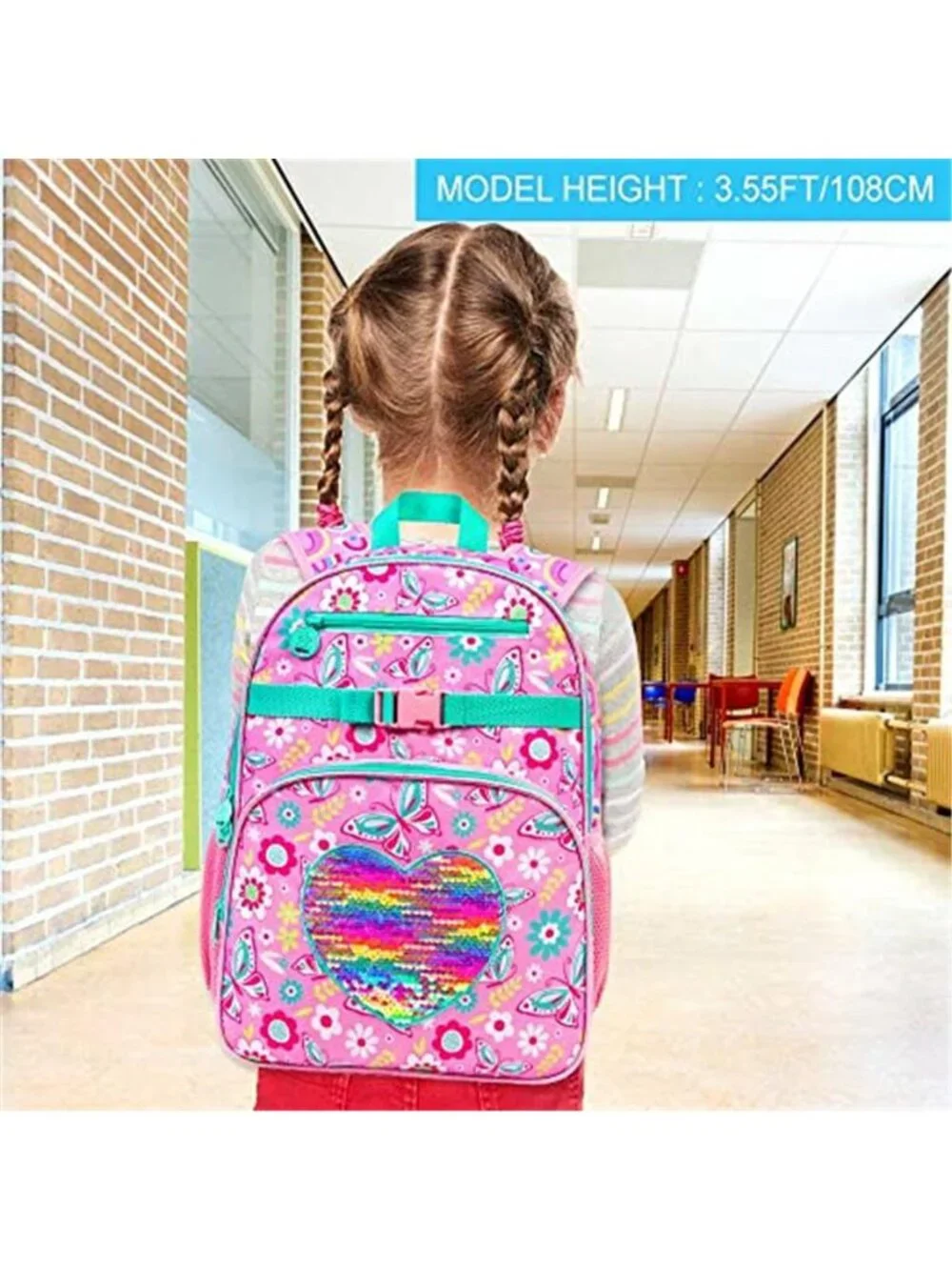 3PCS Girls Backpack Sequins Butterfly Bookbag with Lunch Box, 16